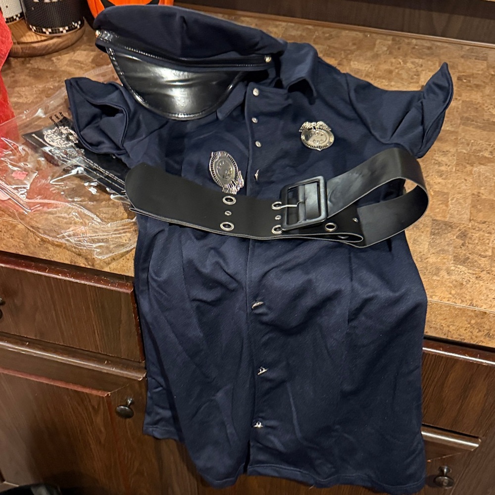 Spirit womens Dark Blue Button Down Dress with Black Belt hat and badge